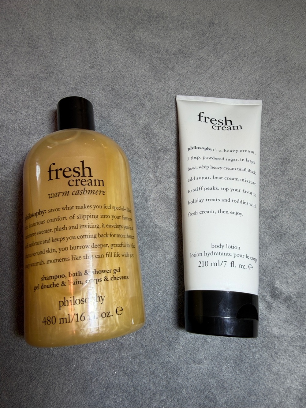 Philosophy Fresh Cream Warm Cashmere body wash and lotion.